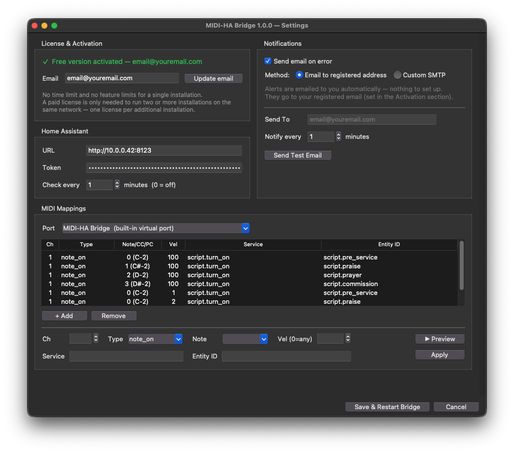 MIDI-HA Bridge settings window showing Home Assistant, MIDI port, and note mapping configuration